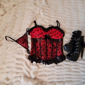 Red & Black Polka-dot Lace Corset Lingerie Set
